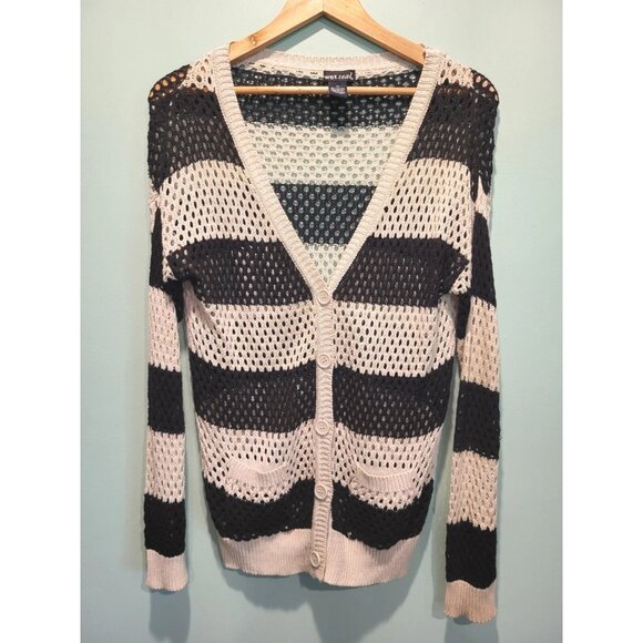 Black Tan Wide Stripe Open Knit Slouchy Cardigan Sweater Pockets Sz M Wet Seal - Picture 1 of 6